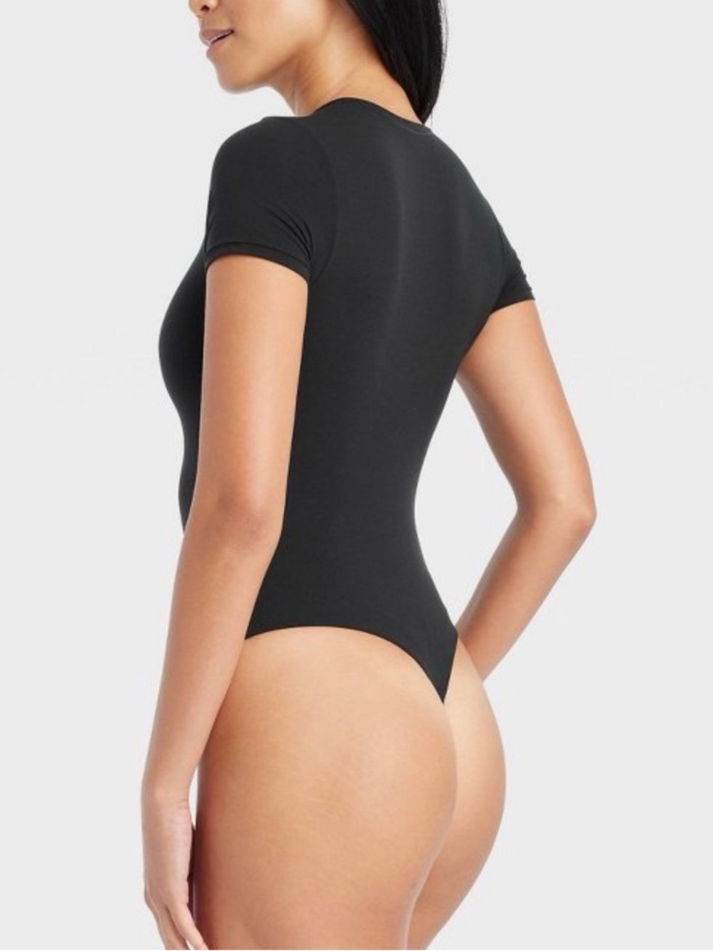 Auden Short Sleeve Stretch Black Thong Bodysuit.